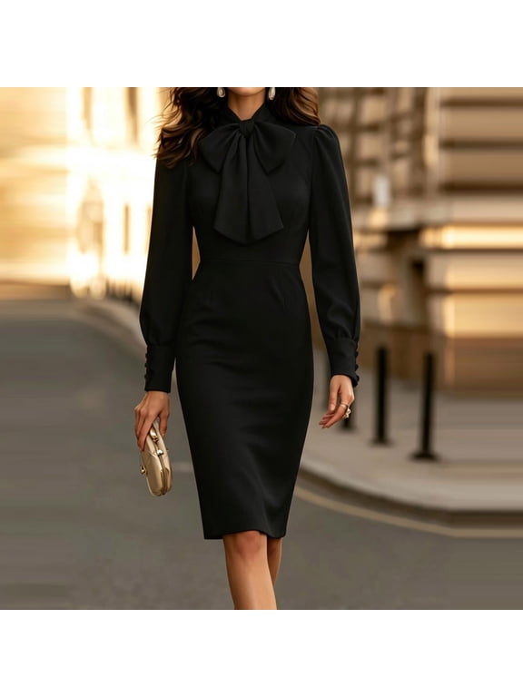 Womens Casual Dresses Solid Color Long Sleeve Tie Neck Long Dress Bow Relaxed Fit Thigh Length Dress for Going Out and Party
