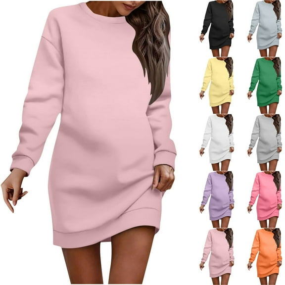 Sentmoon Womens Dresses Fall Long Sleeve Crew Neck Work Dress Solid Color Loose Breathable Oversized Womens Dresses Active for Christmas Dinner Green XXXL
