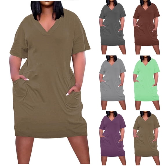 Sentmoon Womens Dresses Plus Size Short Sleeve Tropical Dresses for Women Solid Color Loose V Neck Cocktail Dress with Pockets Summer Fashion Everyday Dress Gray XL