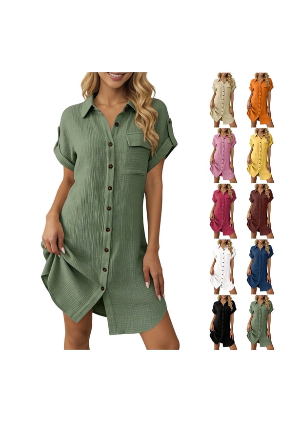 Womens Dresses Tunic Dress 2026 Summer Solid Color Lapel Button Down Breathable Regular Fit Wedding Guest Dress with Pockets for Work and Weekend