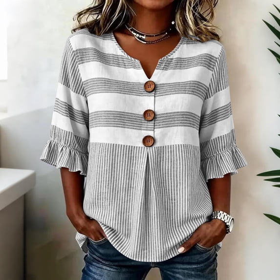 Sentmoon Womens Fall Top 3/4 Sleeve V Neck Women's Sweatshirts Solid Color Button Down Regular Fit Casual Blouses for Women Casual for Travel S-2XL