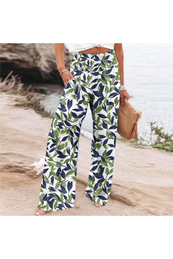 Womens Linen Pants with Print High Elastic Waist Womens Pants Oversized Relaxed Fit Straight Leg Summer Petite Wide Leg Pants for Women with Pocket Beach for Travel and Vacation