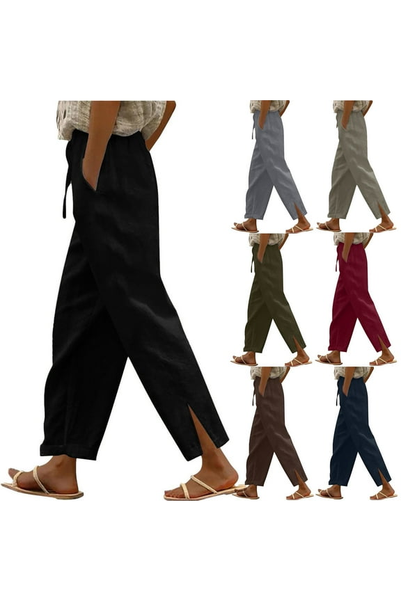 Womens Linen Pants Solid Color Drawstring High Waist Women Summer Pants Plus Size Loose Fit Wide Leg Trendy Petite Wide Leg Pants for Women Hawaiian for Work and Office L