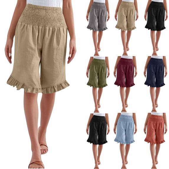 Sentmoon Womens Linen Shorts Solid Color Summer Women's Bermuda Shorts High Waist Relaxed Fit Straight Leg Oversized Sport Shorts Women Hawaiian Comfy for Casual Wear and Everyday M