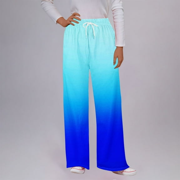 Sentmoon Womens Pants Elastic Waist Drawstring Gradient Color Baggy Pants Straight Fit Wide Leg Pockets Casual Pants Comfy Womens for Weekend Outings Blue XL