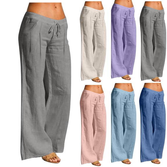 Sentmoon Womens Pants Summer Solid Color Drawstring High Elastic Waist Wide Leg Dress Pants for Women Oversized Linen Loose Pants for Women with Pocket Beach Items for Everyday Casual Wear