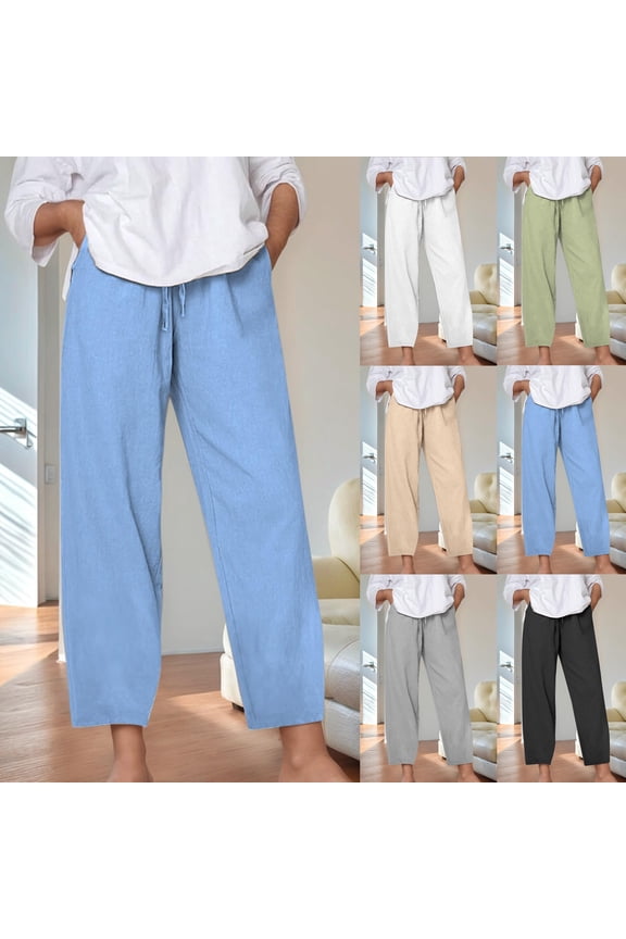 Womens Pants Trendy Solid Color Elastic Waist Women Work Pants Plus Size Linen Straight Leg Casual Summer Loose Pants for Women Beach Stuff for Travel and Vacation Gray XXXXXL