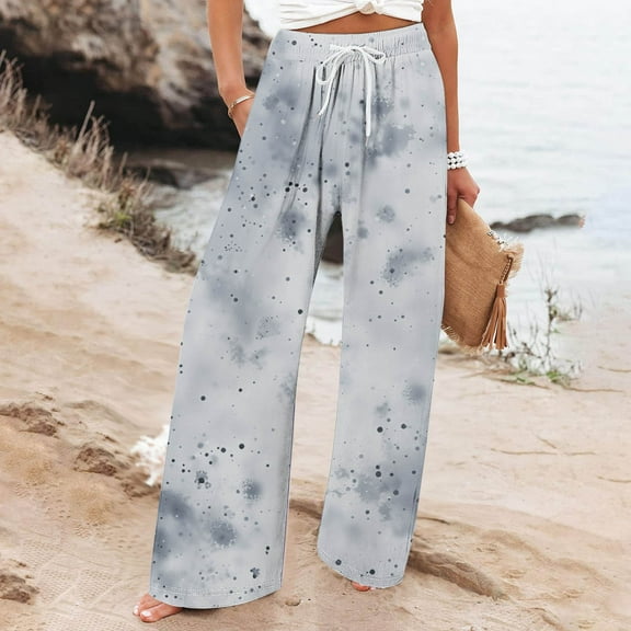 Sentmoon Womens Pants Wide Leg Straight Baggy Trouser Tie Dye Print Elastic Waist Side Pockets Hiking Pants Comfy Teen Girls for Leisure Wear White XL