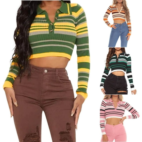 Sentmoon Womens Pullover Long Sleeve Knitted Tops for Women 2025 Striped Loose Lightweight and Warm Button Down Outfit Fall and Winter for Birthday Parties Orange L