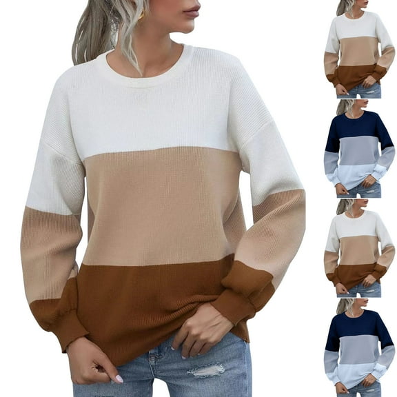 Sentmoon Womens Pullover Sweaters Crew Neck Long Sleeve Color Block Women's Sweaters Knitted Warm Loose Blouses for Women Casual Fashion Fall and Winter for Work Appropriate Sweater S