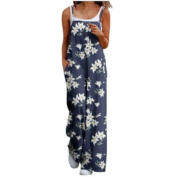 Sentmoon Womens Rompers for Summer Boho Floral Print Loose Wide Leg Overalls with Pockets Thin Strap Square Neck Sleeveless Baggy Outfits Lightweight Teen Girls for Weekend Brunch Gray M