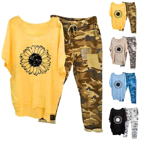 Sentmoon Womens Sets Linen Short Sleeve Crew Neck Basic Tops for Woman and Dress Pants Women with Print Comfy Regular Fit Oversized Pajama Shorts S-5XL