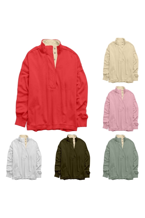 Womens Shirts Womens Fashion Women Half-Placket Contrast Collar Loose Long Sleeve Casual Snap Button Pullover Sweatshirt for Lightweight Warmth and Layering Yellow M