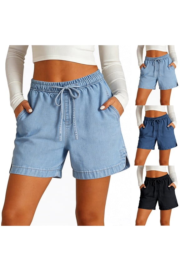 Womens Shorts Denim Drawstring High Waist Womans Shorts Stretchy Solid Color Regular Fit Swim Shorts Women Casual for Gym and Workout Beach Must Haves S-2XL