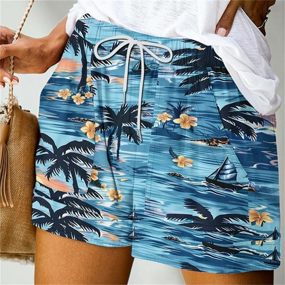 Sentmoon Womens Shorts Elastic Waist Drawstring Loose Fit Swim Shorts Hawaiian Leaf Print with Pockets Wide Leg Sport Short Stylish Womens for Summer Sports Practice Multicolor L