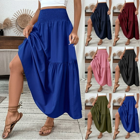 Sentmoon Womens Skirts Fall Oversized Elastic High Waist Boho Long Skirts for Women Flowy Pleated Hawaiian Solid Color Loose Stretchy Skirt for Women Stylish Winter for Vacation S