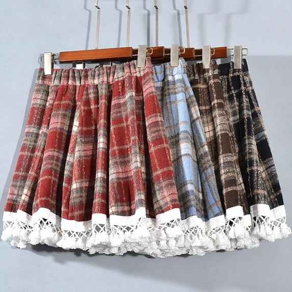 Sentmoon Womens Skirts Summer Oversized A-line Tassel High Waist Boho Flowy Skirt Pleated Beach Plaid Print Loose Stretchy Women Skirt Trendy for Bookstore Visit Red Free Size