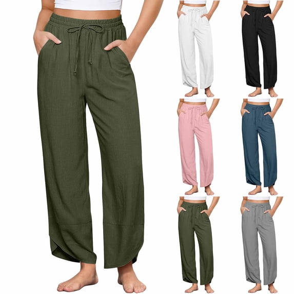 Sentmoon Womens Spring Pants Solid Color Drawstring High Elastic Waist Pants Women Oversized Relaxed Fit Linen Summer Womens Activewear with Pocket for Work and Office