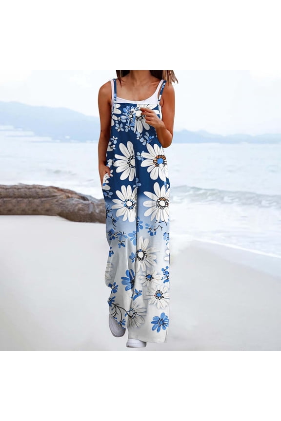 Womens Summer Rompers Boho Floral Print Loose Wide Leg Overalls Side Pockets Spaghetti Strap Square Neck Sleeveless Bib Jumpsuits Casual Women's for Lounge at Home Multicolor M