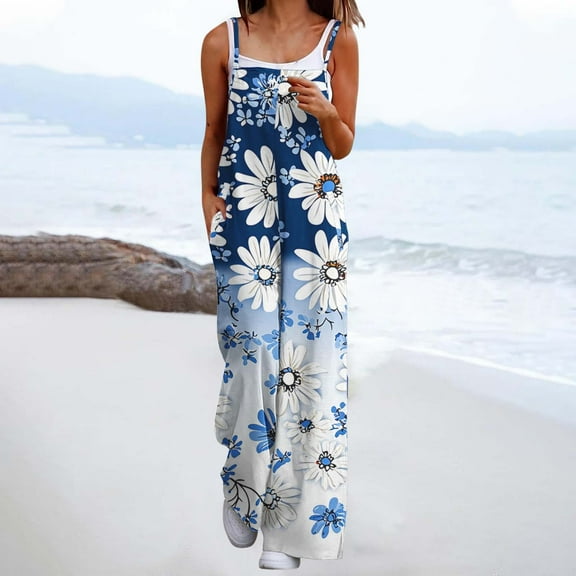 Sentmoon Womens Summer Rompers Boho Floral Print Loose Wide Leg Overalls Side Pockets Spaghetti Strap Square Neck Sleeveless Bib Jumpsuits Casual Women's for Lounge at Home Multicolor L