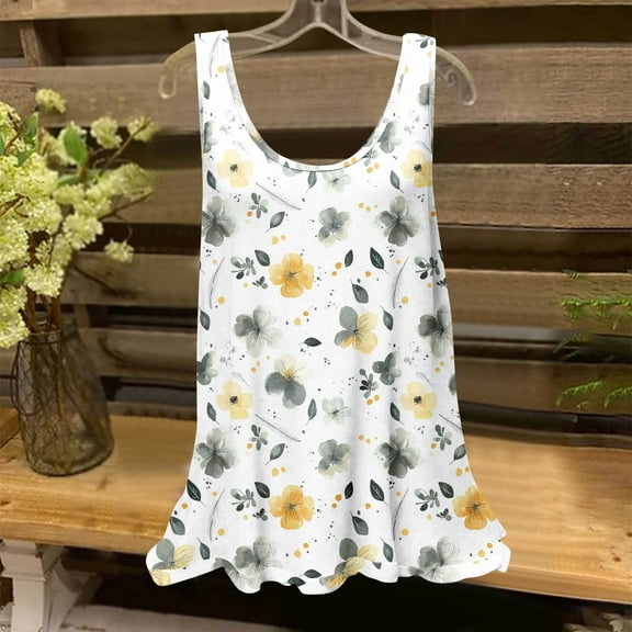 Sentmoon Womens Summer Tops Scoop Neck Women's Tank Tops Relaxeds Fit Floral Print Flowy Sleeveless Vacation Outfits 2025 Trendy Teen Girls for Weekend Brunch White S
