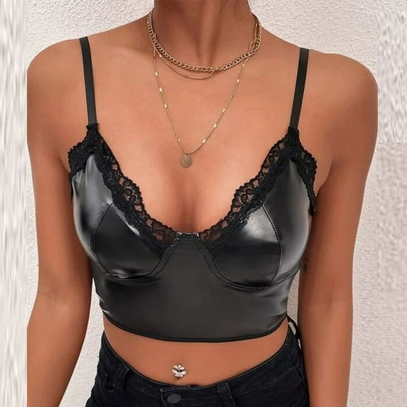 Sentmoon Womens Summer Tops Trendy V Neck Lace Leather Sleepwear Camis T Shirts for Women Sleeveless Blouses Tops Dressy Sexy Spaghetti Strap Camisole Tunic Plus Size Shirts for Women Summer Saving