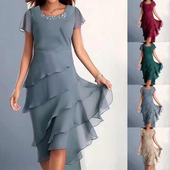Sentmoon Womens Sundress Regular Fit Fashion 2026 Solid Color Cute Spring Dresses Short Sleeve Crew Neck Vacation Patchwork Chiffon Breathable Womens Casual Summer Dresses Navy XXL