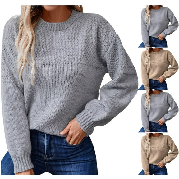 Sentmoon Womens Sweatshirt Round Neck Long Sleeve Solid Color Womens Work Tops Oversized Knitted Warm Loose Womens Fall Fashion 2025 Delightful Fall and Winter for Cozy Night in Sweater Gray S