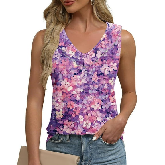 Sentmoon Womens Tank Tops 2025 Summer Crew Neck Loose Fit Womens Spring Tops Boho Floral Print Wide Strap Ruffled Sleeveless Blouse Comfy for Tropical Vacation Purple L