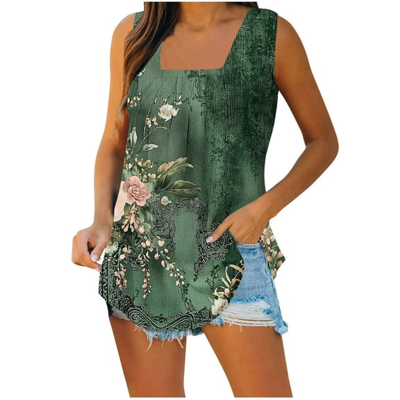 Sentmoon Womens Tank Tops Sleeveless Square Neck Pleated 2025 Summer Womens Tops Loose Floral Print Hawaiian Shirt Soft and Comfortable Women's for Lounge at Home Purple M