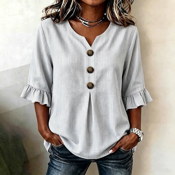 Sentmoon Womens Top 3/4 Sleeve V Neck Women's Clothing Striped Print Button Down Ruffle Regular Fit Fashion Womens Work Blouse for Versatile Styling S-2XL
