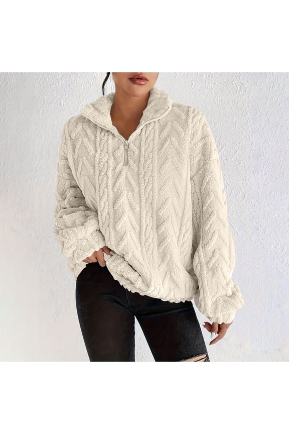Womens Top Long Sleeve Shirts for Women Fall and Winter Women's Casual Winter Double-sided Fleece Zipper Pullover Top for Cold Weather and Everyday Wear Beige S