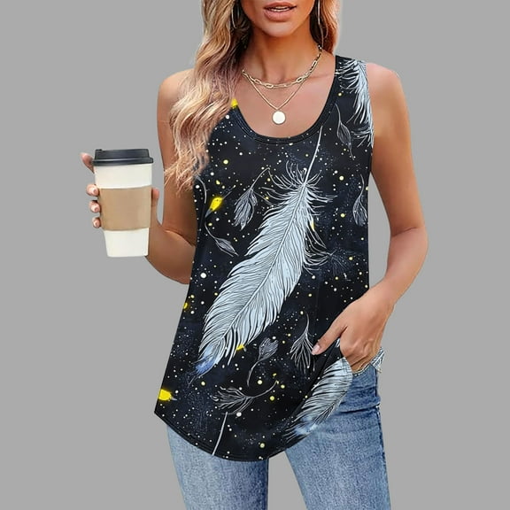 Sentmoon Womens Tops Casual Crew Neck Tank Tops for Women Loose Feather Print Sleeveless Hawaiian Shirts 2025 Summer Comfy Ladies for City Sightseeing Black XXL