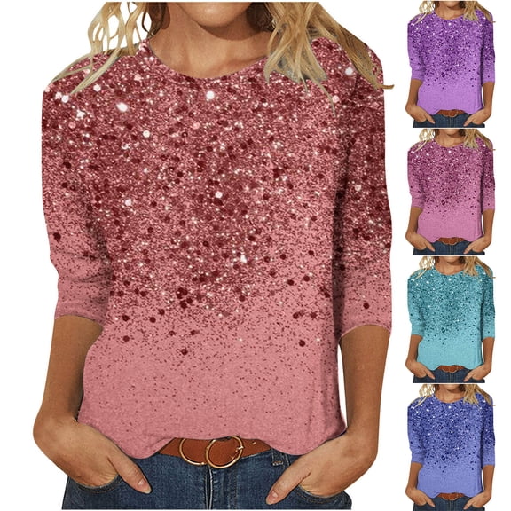 Sentmoon Womens Tops Crew Neck Long Sleeve Womens Blouses Plus Size Breathable Loose Glitter Print Tshirt Streetwear for Business Travel Watermelon Red M