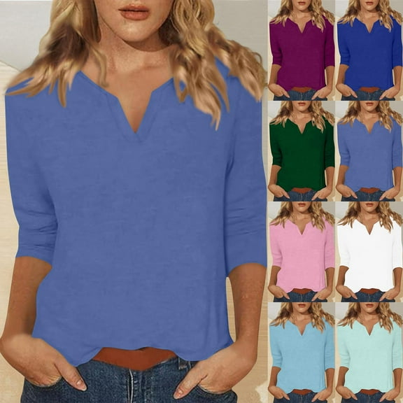 Sentmoon Womens Tops Dressy Casual Three Quarter Sleeve V Neck Blouses Solid Color Relaxed Spring Outfits for Women 2025 Summer Stylish for Music Festival L