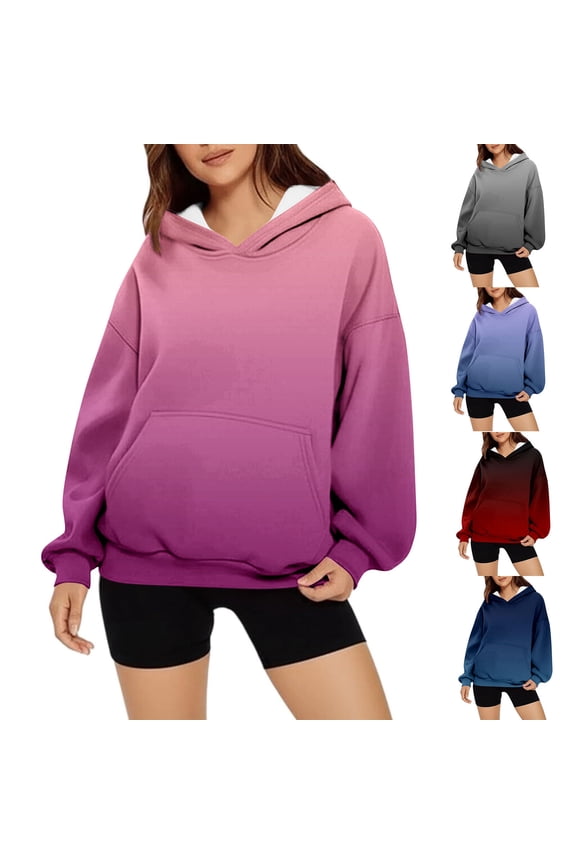 Womens Travel Outfit Long Sleeve Loose Oversized Womens Sweatshirts Gradient Color Hooded Neck with Pocket Drawstring Fall Clothes Winter Casual for Christmas Dinner Gray M
