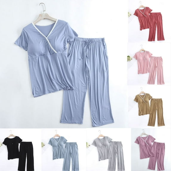 Sentmoon Womens Two Piece Outfits Maternity Tshirt Oversized V Neck Stretchy Nursing Top Solid Color Short Sleeve Pregnancy Clothes Delightful for Maternity Photoshoot Gray M