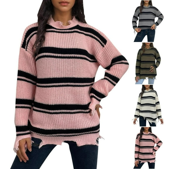 Sentmoon Womens Work Tops Crew Neck Long Sleeve Striped Casual Outfits for Women Plus Size Knitted Tassel Stretchy and Flexible Loose Sweater Streetwear Fall and Winter for Lounge Sweater L