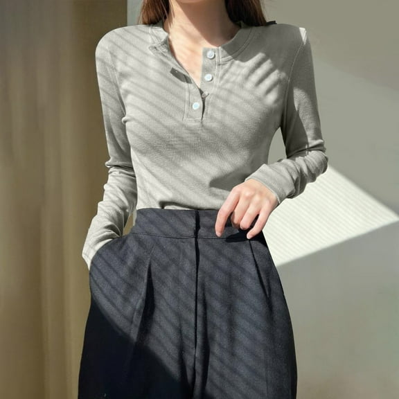 Sentmoon Work Blouses for Women Crew Neck Long Sleeve Fall Clothes Oversized Stretchy Slim Solid Color Long Sleeve Tops Trendy for Fall Style Brown S