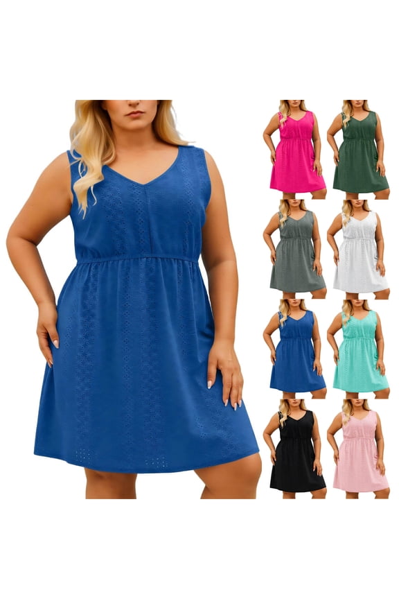Work Dress Summer Maxi Dress 2026 Sleeveless V Neck Eyelet Loose Fit Plus Size Midi Dress for Date Night XL-5XL