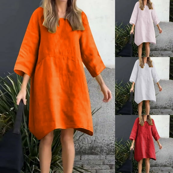 Sentmoon Work Dresses for Women 2025 Long Sleeve Crew Neck Teen Dresses Solid Color Loose Plus Size Semi Formal Dresses for Women Delightful for Casual Winter Stroll Beige M