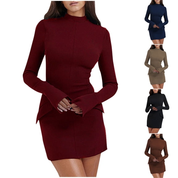Sentmoon Wrap Skort Dress with Pockets Long Sleeve Crew Neck Wedding Guest Dress Formal Solid Color Slim Stretchy Plus Size Womens Fall Dress Trendy for Indoor Music Festival Brown L