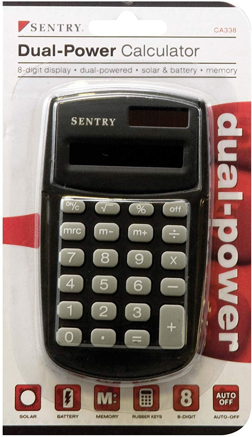 Sentry Industries Dual-Power Calculator, 8-Digit Display with Sure Grip Rubber Keys, Black