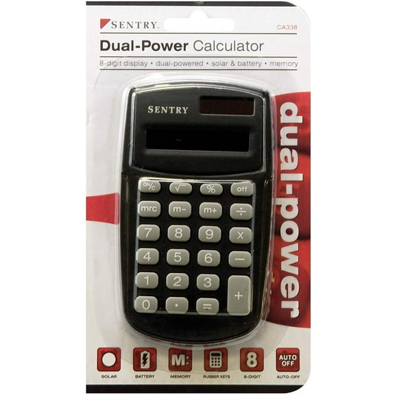 Sentry Industries Dual-Power Calculator, 8-Digit Display with Sure Grip Rubber Keys, Black