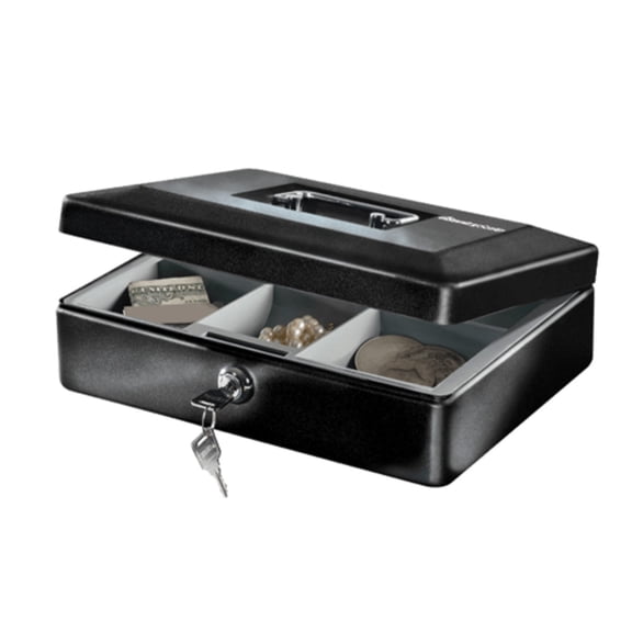 Black Steel Small Cash Box with Key, 3.3 in x 9.8 in x 7.4 in
