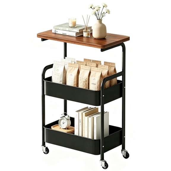 3 Tier Rolling Cart,Cart Organizer with Wooden Top & Breathable Mesh Baskets, Black Utility Storage Cart, Suitable for Kitchen, Bathroom, Office, Dorm, Living Room, Bedside Storage
