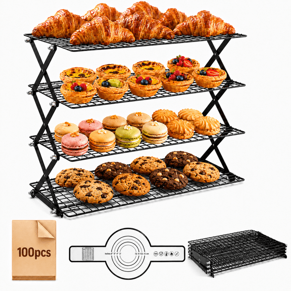 Sentryse 4 Tier Cooling Rack for Baking, Adjustable Collapsible Wire Rack with 100 Parchment Paper Sheets & Silicone Baking Rack for Bread, Cookies, Cakes, Roasting & Meal Prep
