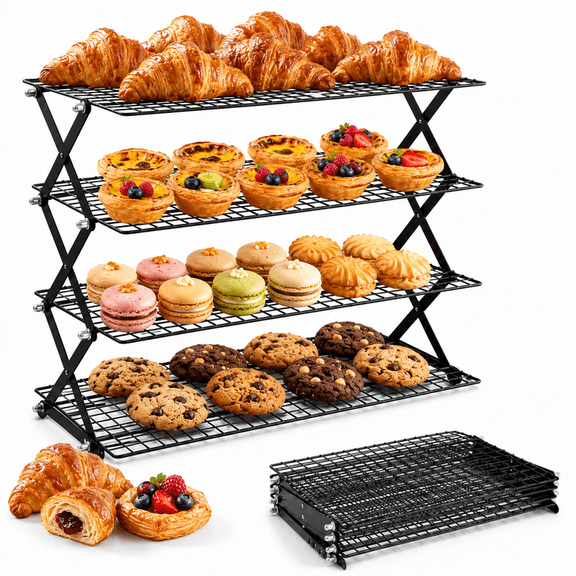 Sentryse 4 Tier Cooling Rack for Baking, Adjustable Collapsible Wire Rack with 100 Parchment Paper Sheets & Silicone Baking Rack for Bread, Cookies, Cakes, Roasting & Meal Prep