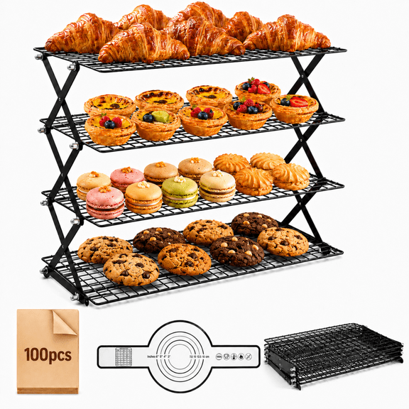Sentryse 4 Tier Cooling Rack for Baking, Adjustable Collapsible Wire Rack with 100 Parchment Paper Sheets & Silicone Baking Rack for Bread, Cookies, Cakes, Roasting & Meal Prep