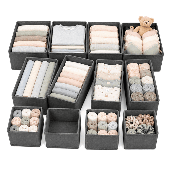 Sentryse Drawer Organizer for Clothes, 12-Piece Fabric Storage Bin Set for Dresser Drawers, Underwear, Bras, Socks and T-Shirts, Gray
